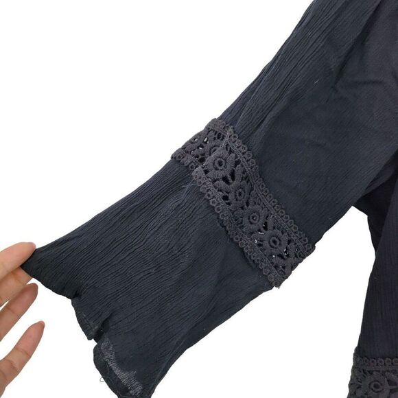 Roper Dress M Black Tiered Textured Lace Baby Doll‎ Half Sleeve Mini Full Boho - Picture 6 of 11